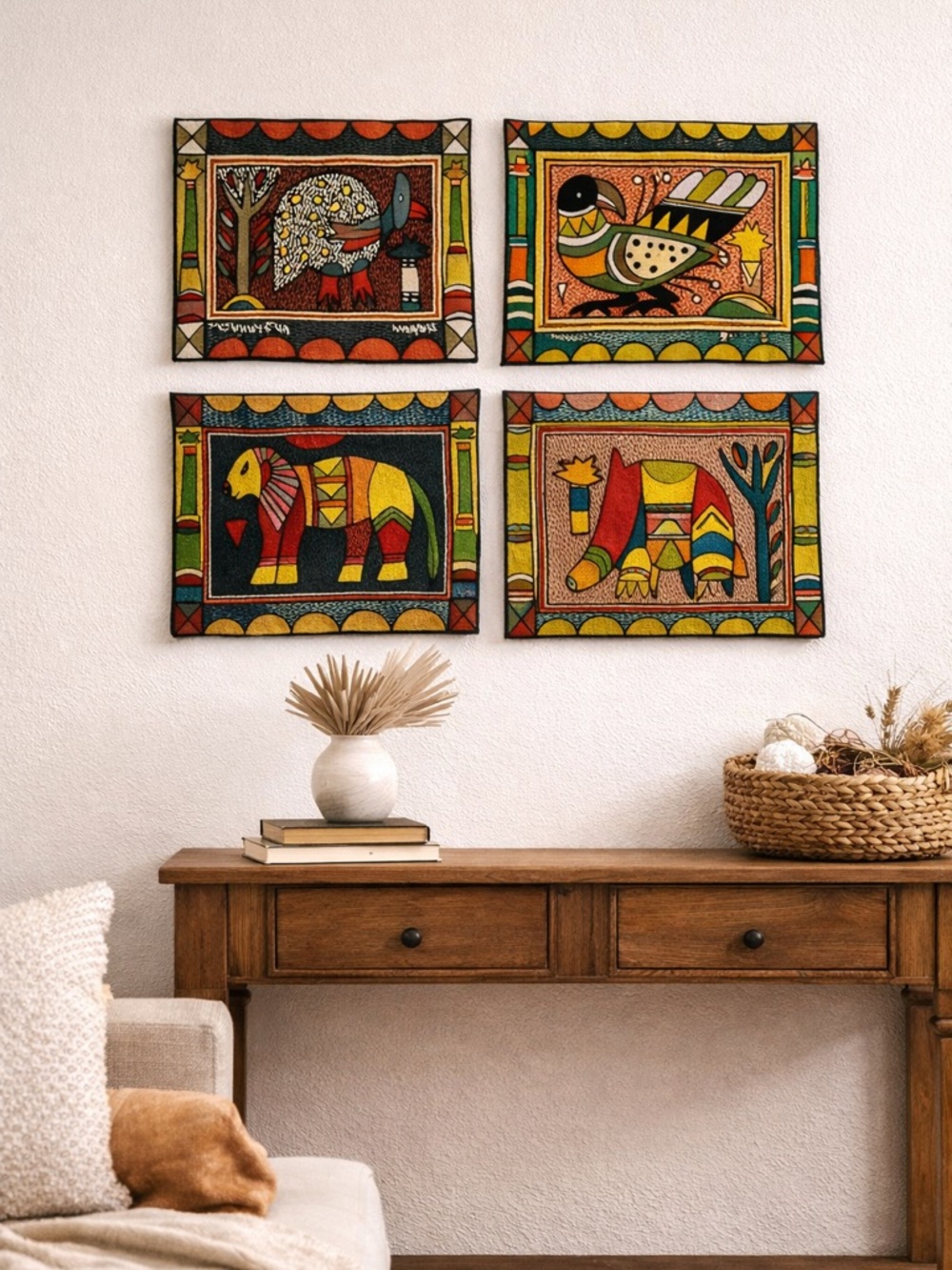 Kaross South Africa Hand Embroidered Textile Wall Art Set African Animal Boho